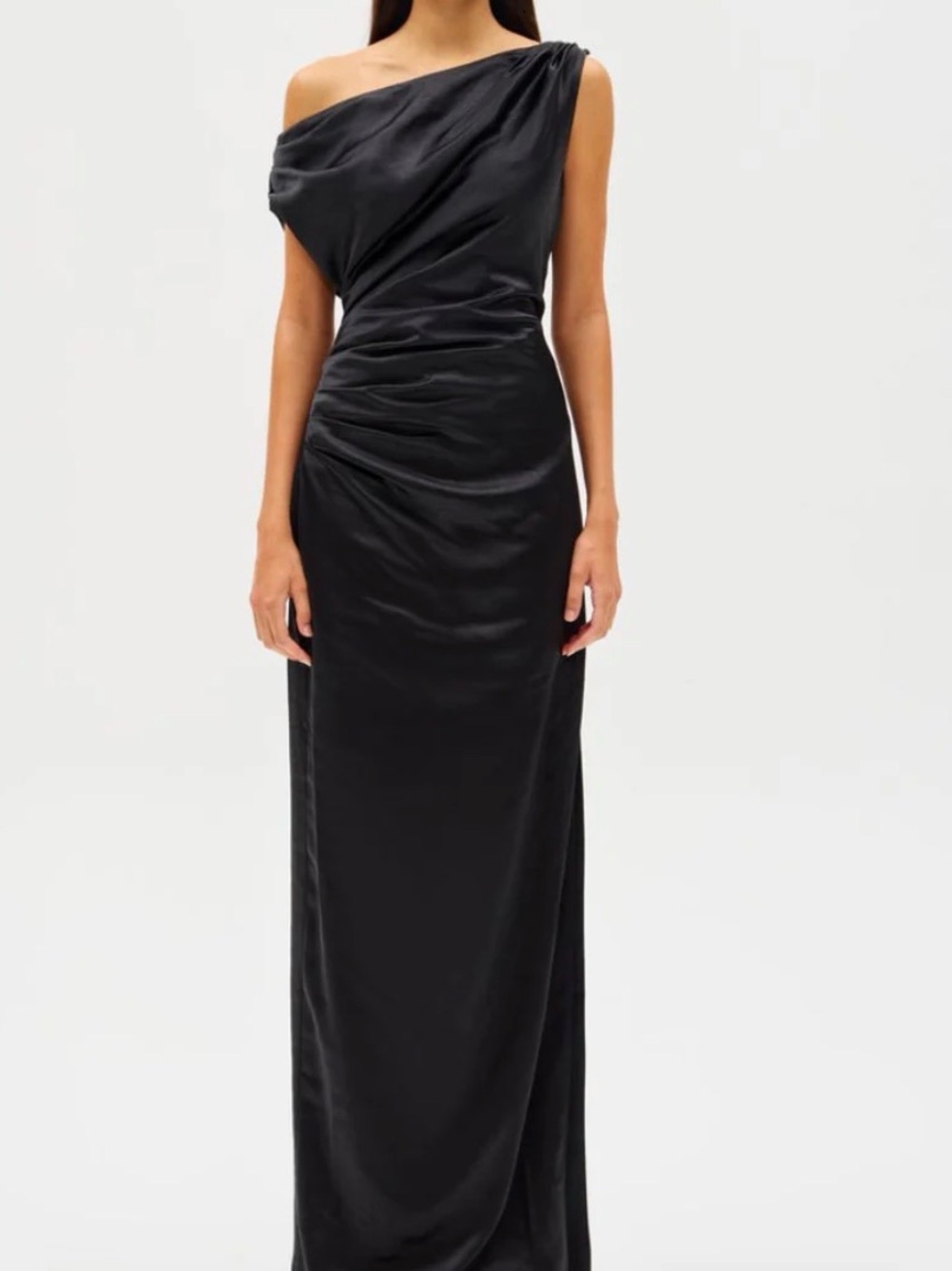 Misha Aster Draped Satin Asymmetrical Gown